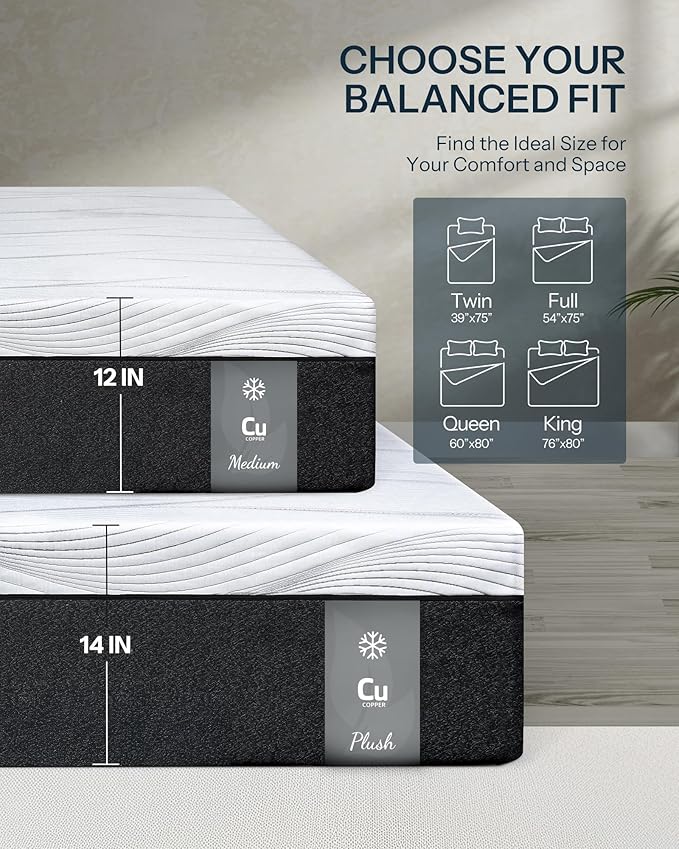Life Balance Hybrid Twin Mattress 14 Inch, Made in USA, Plush, Individual Pocket Coils & Copper Gel Memory Foam， Hypoallergenic & Odorless, Motion Isolation & Pressure Relief, Mattress in a Box