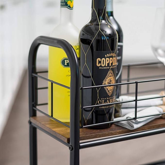 IRIS USA 2-Tier Kitchen Storage Rolling Cart with Lockable Caster Wheels, Coffee Station, Pantry Rack, Home Bar, Serving Cart, Slim, Rustic Brown