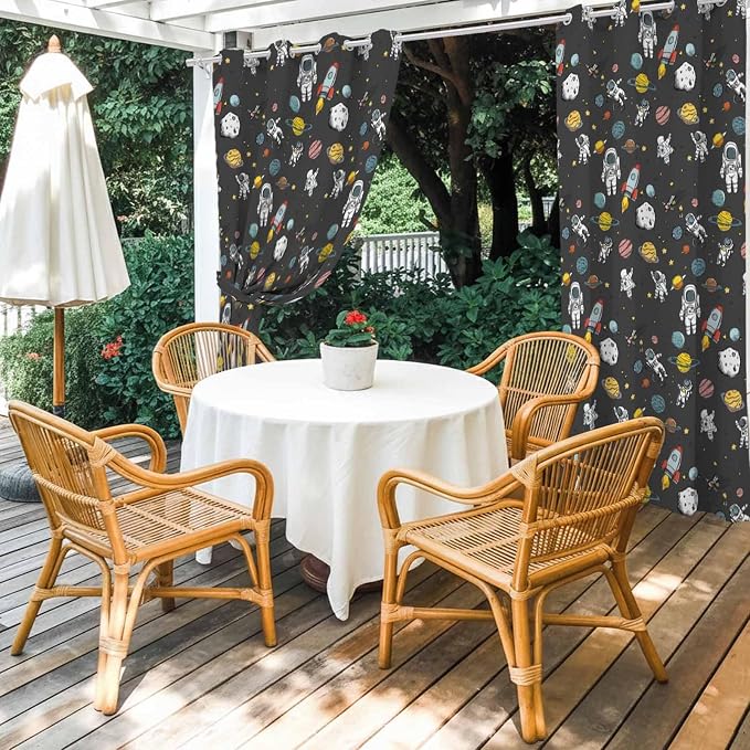 Cartoon Space Outdoor Curtains for Patio Rockets Planets Astronauts Gray