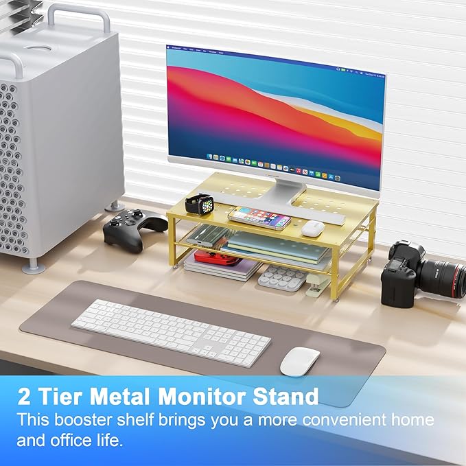gianotter 2-Tier Metal Monitor Stand Riser, Desk Organizer for Monitor, Office Desk Storage Organizer for Office Supplies (Gold)