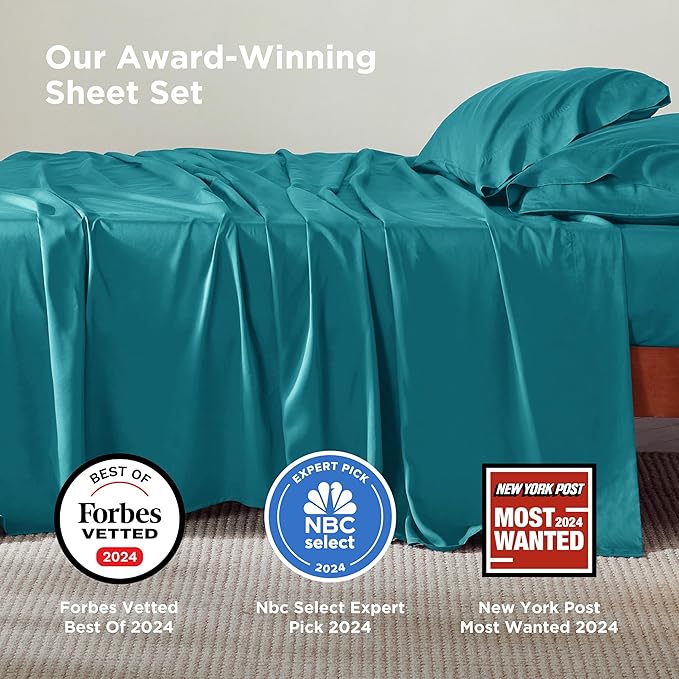 Bedsure California King Sheet Sets, Cooling Sheets, Rayon Derived from Bamboo, Breathable & Soft, Deep Pocket Up to 16 Inches, Hotel Luxury Silky Bedding for Hot Sleepers, Turquoise