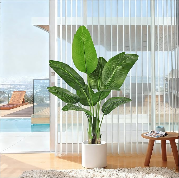 Birds of Paradise Plant Artificial, 4FT Fake Plants Faux Banana Leaf Tree with 9 Banana Leaves, Lifelike Tall Fake Tropical Palm Indoor Silk Floor Plant in Black Pot for House,Office,Room,Home Decor
