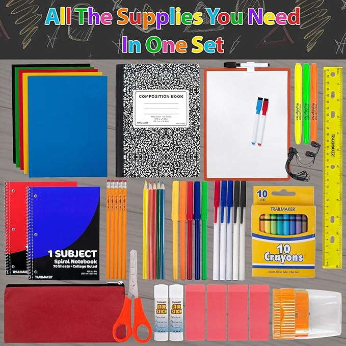 Trail maker Back to School Supplies 60 Piece Bundle Kit for Girls, Boys, Kids, Back to School Supply Box Set Includes Notebooks, Folders, Composition Book, Headphones, Ruler, and More