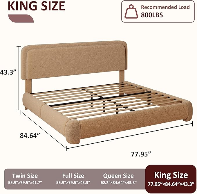 King Boucle Platform Bed Frame with Height Adjustable Headboard, Modern Upholstered Cloud Bed, Sleek Curved Design, No Box Spring Needed, Noise Free, Easy Assembly, Camel