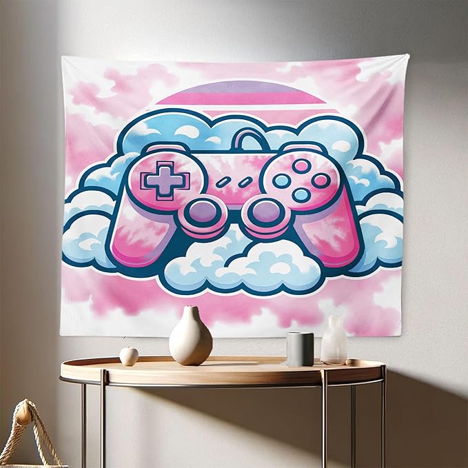 Ambesonne Pink Tapestry, Girly Gamer Concept Design with a Controller and Clouds on a Soft Tie Dye Sky, Fabric Wall Hanging Decor for Bedroom Living Room Dorm, 28" X 23", Purple Pale Blue