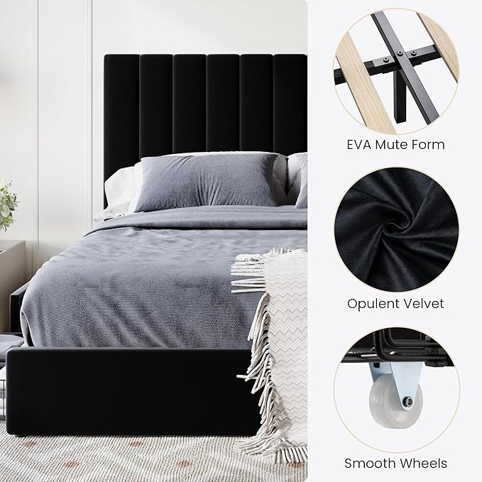 SHA CERLIN Queen Size Platform Bed Frame with 4 Storage Drawers, Vertical Channel Tufted Adjustable Headboard, Velvet Upholstered, Wooden Slats Support, No Box Spring Needed, Easy Assembly, Black