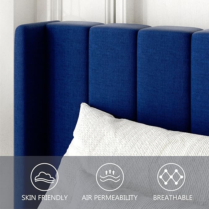 Full Size Bed Frame with Upholstered Wingback Headboard, Easy Assemnly Platform Bed, Wooden Slat Support No Box Spring Needed, Navy Blue