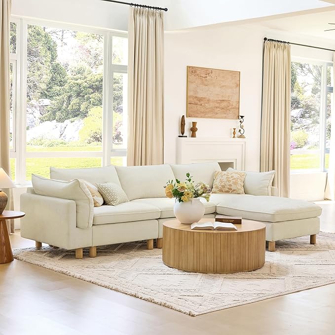 CHITA 127" Super Large Sectional Couches for Living Room, Modular Cloud Couch Sectional Sofa, Premium Fabric Couches, Down Filled, High Density Foam, Chenille in Cream, 4 Seat L Shaped