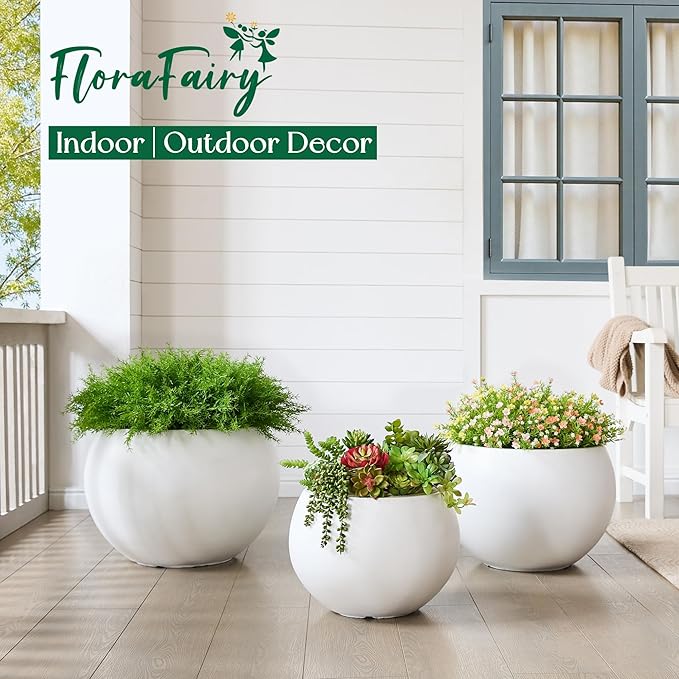 Fiberstone Sphere Planter, 15.8" Dia Round Flower Pot with Drainage Hole and Removable Plug, Plant Pot for Indoor Outdoor Use, 11.8" Opening-10.9" H Medium, White