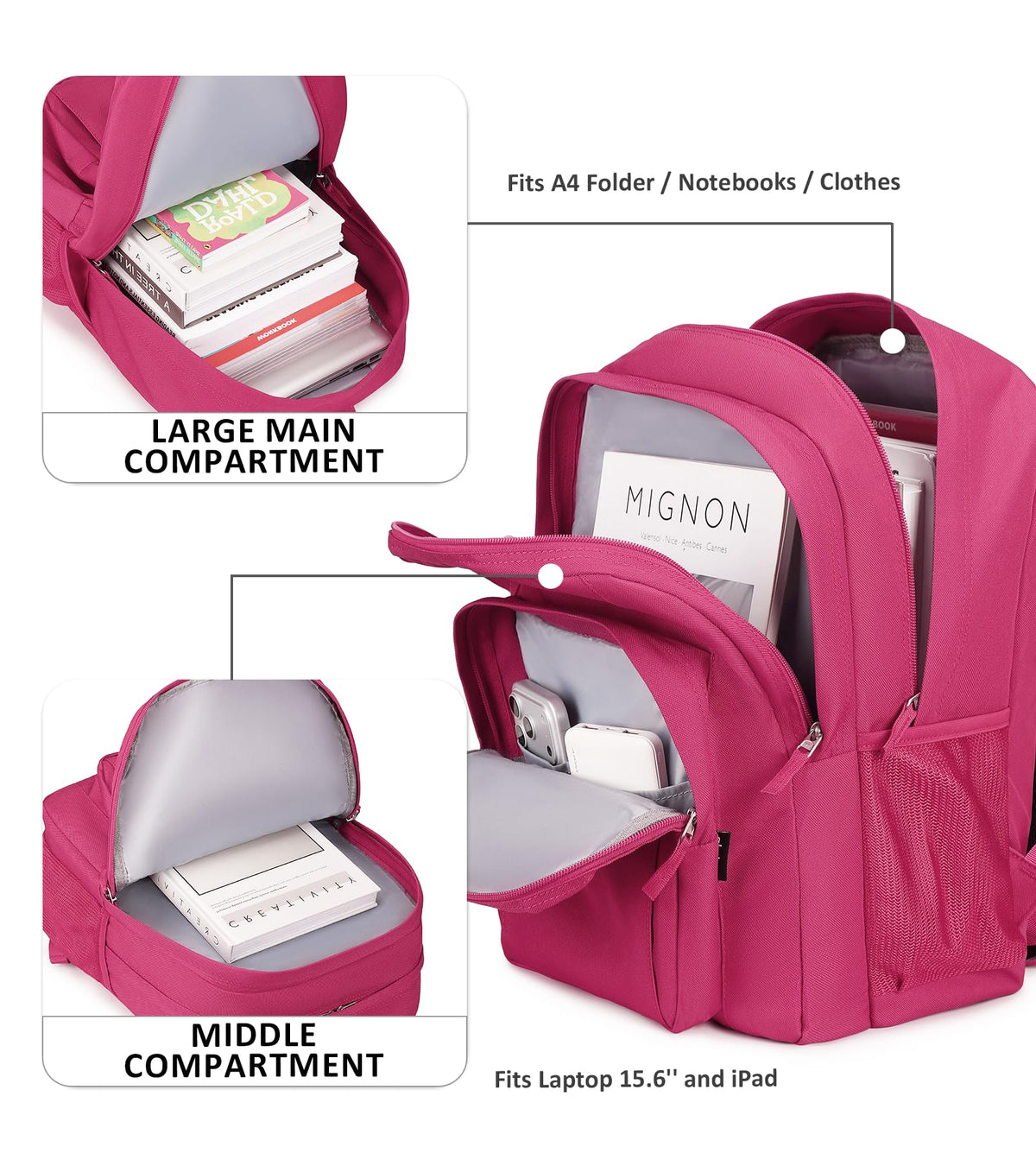 abshoo Girls Solid Color Backpack For College Women Water Resistant School Bag (Rose Red)