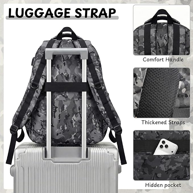 School Backpack for Boys - Camo Boys Backpack for Kids Teens Elementary, Middle & High School Bookbag Daypack with Camouflag Design,18″ Large Capacity with Usb Charging Port & Key-chain