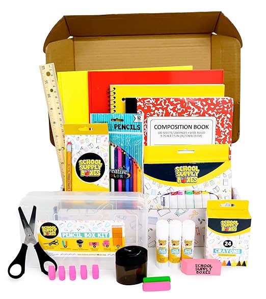 Back to School Supply Box Grades K-5 - School Supply Boxes - 32 Piece School Supplies Kit Includes Markers, Crayons, Pencils, Scissors, Folders, Glue Sticks, Notebook, and Composition Book