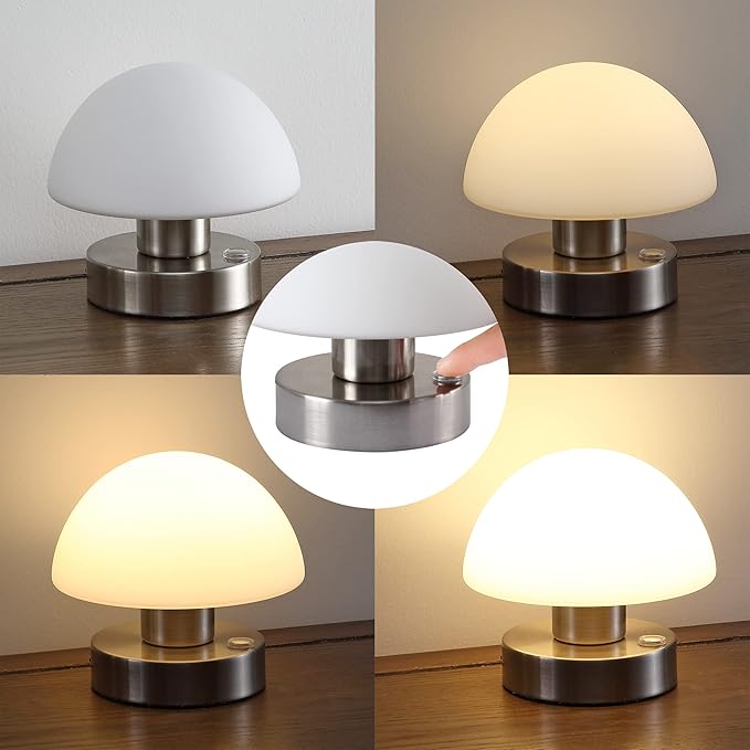 JONATHAN Y 5.75" Nickel/White Rechargeable Portable LED Table Lamp, Cordless Mushroom Accent Light for Bar, Nightstand, with Frosted White Glass Shade (JYL7113B)