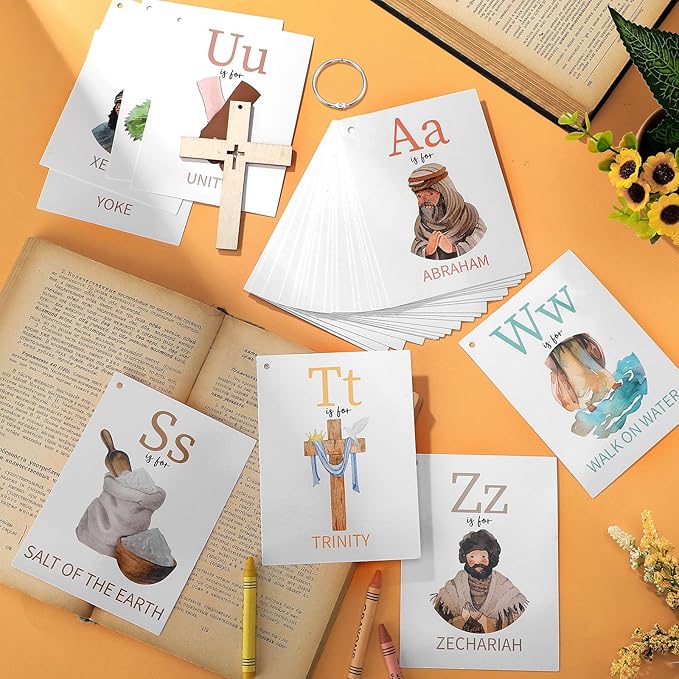Skyygemm 26 Pcs Bible ABC Flash Cards Christian Bible Verse Alphabet Cards KJV Version Religious Scripture Memory with Stainless Steel Ring for Preschool Sunday School Toys Basket Suffers