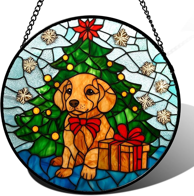 Stained Glass Window Hanging Green Christmas Tree Snowflake Dog Large 11.8" - Suncatcher Door Garden Sun Catcher Xmas Holiday Decor Birthday for Mom Men Woman Friend Nana