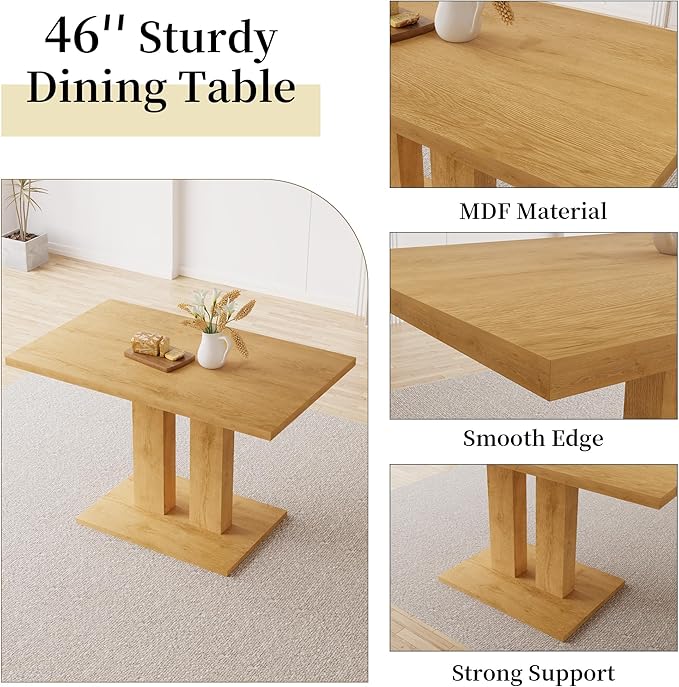 Dining Table Set for 4-6 People, 46 Inch Modern MDF Oak Kitchen Table with 4 Faux Leather Chairs, Rectangular Dining Room Table Set for Home, Small Spaces, Breakfast Nook (Oak Table + 4 Grey Chairs)