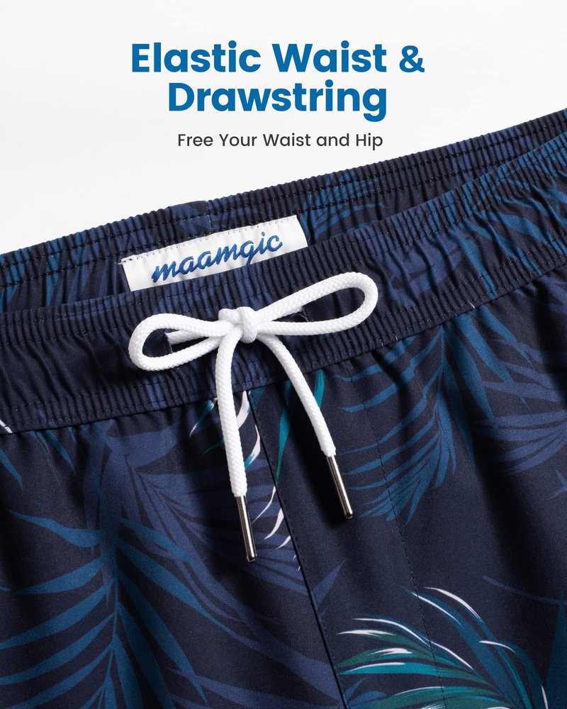maamgic Mens Swim Trunks with Compression Liner 5 Inch, Quick Dry Bathing Suit with Zipper Pockets, Stretch No-Chafing Swim Shorts, Navy-Pink Leaf Silhouette XX-Large