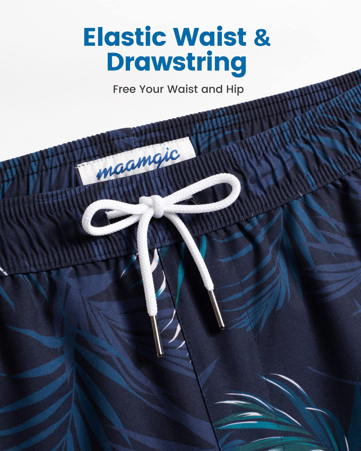maamgic Mens Swim Trunks with Compression Liner 5 Inch, Quick Dry Bathing Suit with Zipper Pockets, Stretch No-Chafing Swim Shorts, Navy-Pink Leaf Silhouette Medium