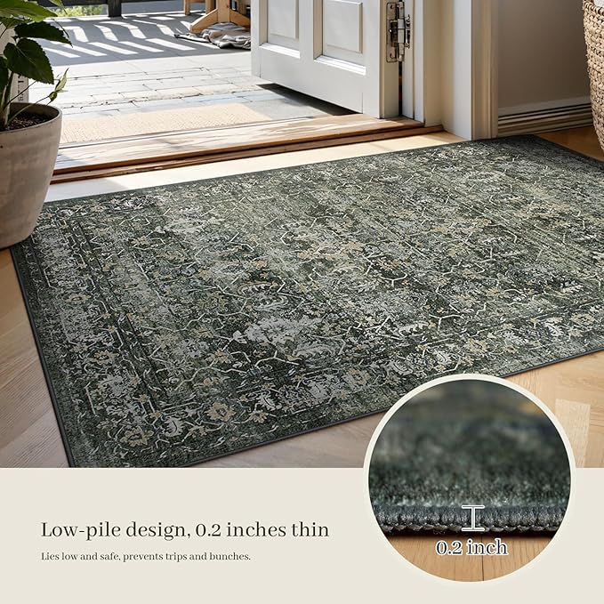 Lahome Boho Green 8x10 Area Rugs Living Room Rugs,Washable Bedroom Rug 8x10 Under Bed,Distressed Soft Non Slip Low Pile Indoor Dining Room Rug for Home Office Playroom(8'x10',Green)