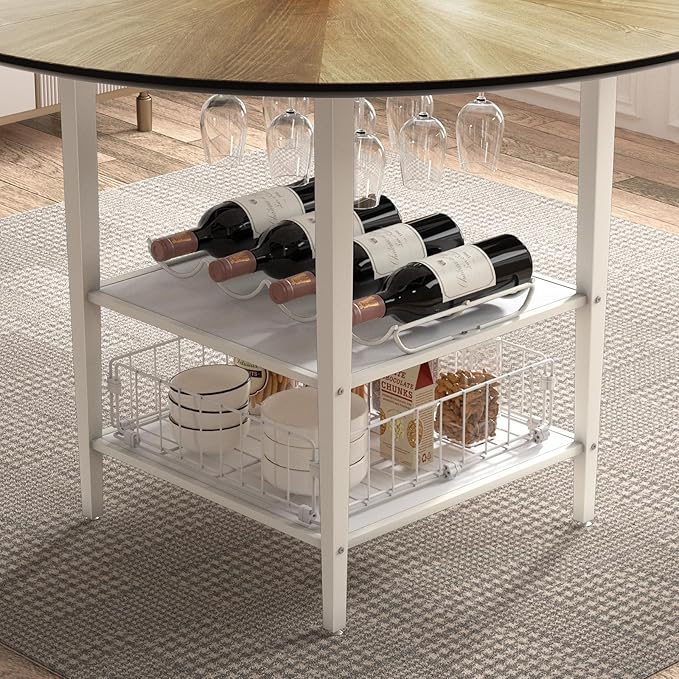 VFK 47'' Round Dining Table Set for 4-6, Farmhouse Kitchen Table with 4 Chairs & Storage Rack, Rustic Wood Dining Set with Sturdy Metal Base for Dining Room & Living Room