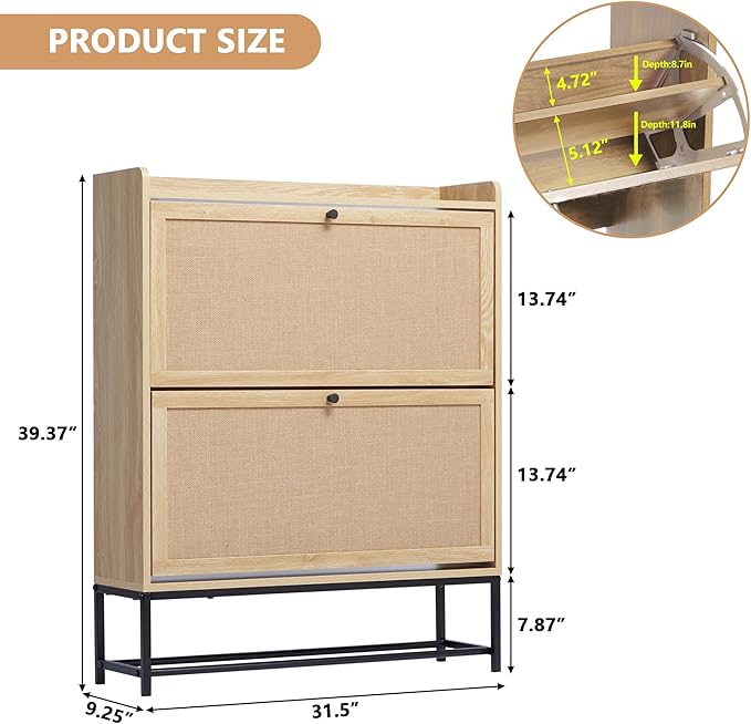 LEVNARY Shoe Cabinet Set of 2, Wooden Narrow Shoe Racks Cabinet Storage with 2 Flip Drawers, Hidden Freestanding Shoe Organizer for Hallway, Entryway, Home (2, Natural Oak)