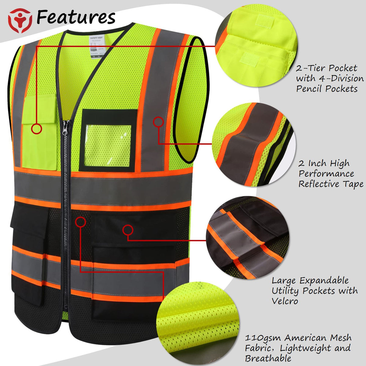 ASIPHITU Reflective High Visibility Safety Vest for Men Women Security with Pockets Zipper Front for Work Vest with Reflective Strips Meets ANSI/ISEA Standards(H-YellowBlack-2XL)