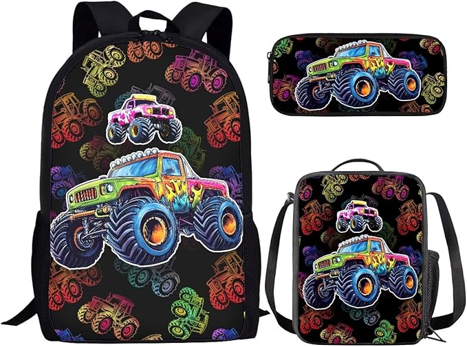 CLOHOMIN Colorful Tractor Bookbag for Boys with Lunch Box Kids Backpack and Lunchbox Set Girls 10-12 Primary School Book Bags with Lunch Bag & Pencil Case, 3 in 1