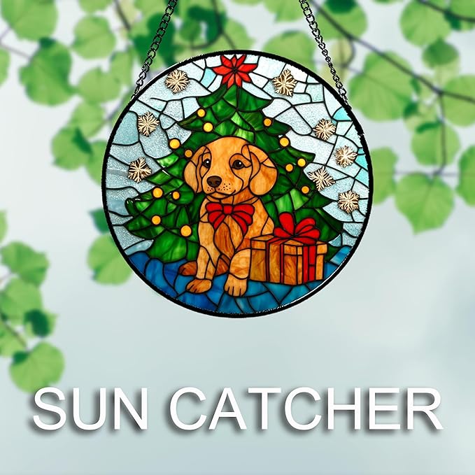 Stained Glass Window Hanging Green Christmas Tree Snowflake Dog Large 11.8" - Suncatcher Door Garden Sun Catcher Xmas Holiday Decor Birthday for Mom Men Woman Friend Nana