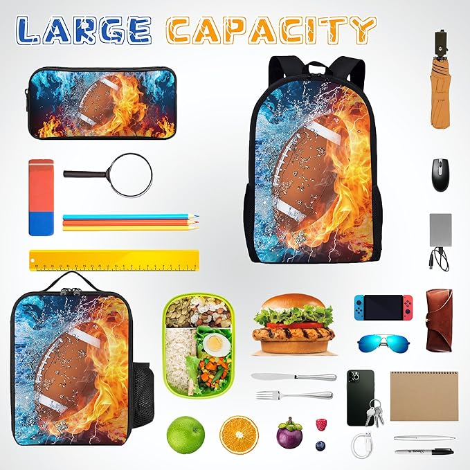 3PCS Football Backpack Set for Boys, Lightweight Large Backpack with Lunch Box & Pencil Case, Cool Sport Bookbag for Kids, Back to School Backpacks for Elementary & Middle School - 02