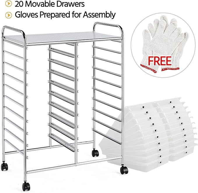 Yaheetech 20 Drawers Rolling Storage Cart Multipurpose Movable Organizer Cart Tools Scrapbook Paper Organizer on Wheels, White