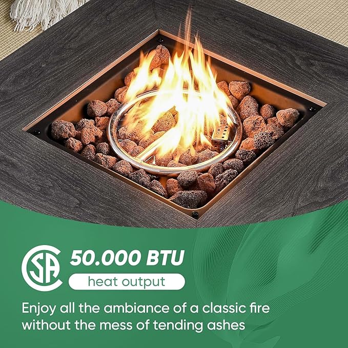 Belord 50000 BTU Propane Fire Pit Table, 30x30x26 Inches, Brown Wicker, Square, Modern Style, Steel, Powder Coated Finish