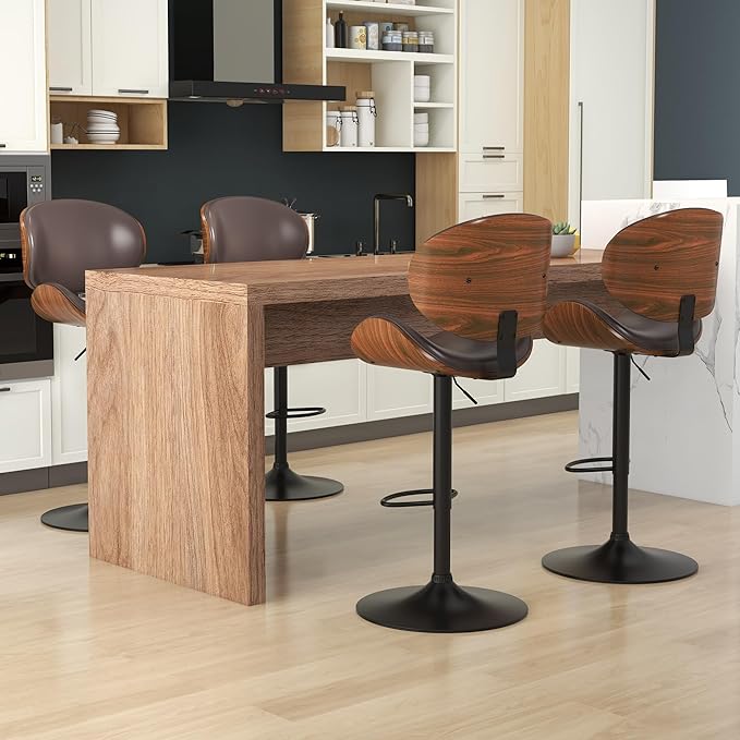 KCC Bar Stools Set of 3, Swivel Adjustable Height Barstools, PU Leather Upholstered Bar Chairs with Footrest, Bentwood Bar Stool for Kitchen, Bar, Dining Room(Brown PU)