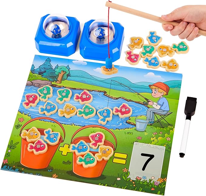 Magnetic Fishing Math Game for Kids with Dice Poppers, Fishing Game, Math Manipulatives for Kindergarten Preschool, Montessori Counting and Addition Dice Games Homeschool Learning Toy