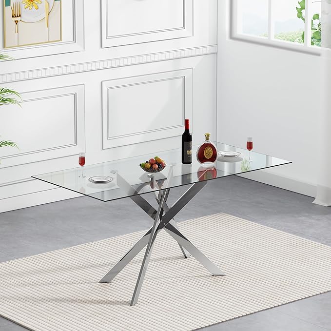HomVent 51.18" Rectangular Clear Tempered Glass Dining Table,Stylish Design with Silver Metal Legs, Dining Table for Dining Room