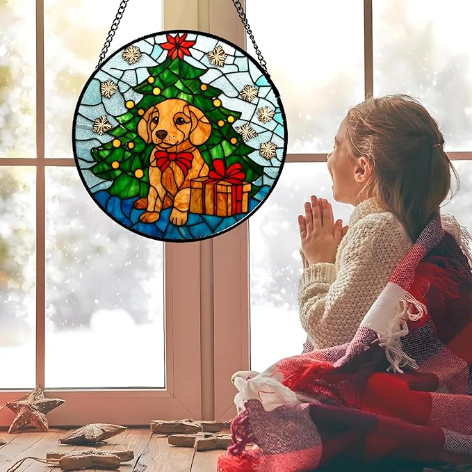 Stained Glass Window Hanging Green Christmas Tree Snowflake Dog Large 11.8" - Suncatcher Door Garden Sun Catcher Xmas Holiday Decor Birthday for Mom Men Woman Friend Nana