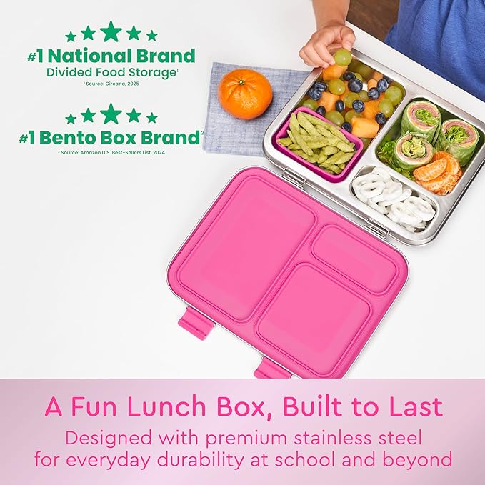 Bentgo Kids Stainless Steel Leak-Resistant Lunch Box - 3-Compartments with Bonus Silicone Container, Durable, Eco-Friendly, Dishwasher Safe, BPA-Free, Ideal for School, Ages 3+ (Fuchsia)