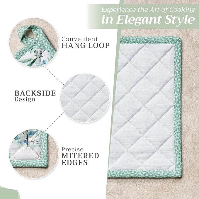 Maison d' Hermine 100% Cotton Oven Mitt & Pot Holder Set (7.5"x13" & 8"x8") Heat Resistant BBQ Cooking Gloves with Loop for Thanksgiving Christmas Decorations Handling Hot Pans (Snowy World)