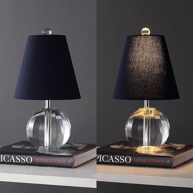 JONATHAN Y 16" Clear/Navy Crystal Ball LED Table Lamp, White Modern Bedside Lamp, with White Linen Empire Shade, Glam Orb Glass Nightstand Lamp for Living Room, LED Bulb (JYL2079D)