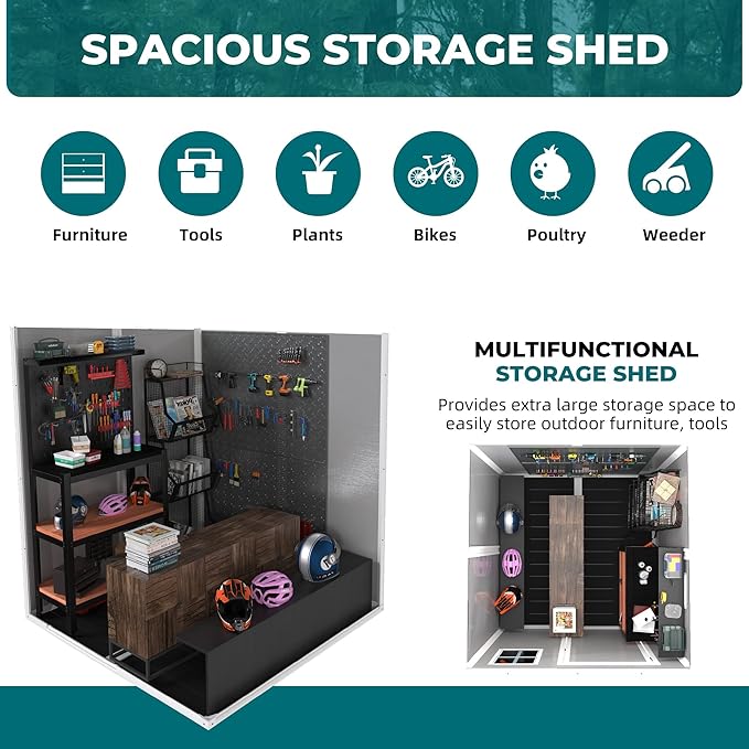 6x6 FT Outdoor Storage Resin Shed with Floor, Waterproof Plastic Garden Tool Shed with Windows, Vents & Lockable Door and Sloped Roof, Easy to Assemble Bike Shed for Patio, Backyard, Lawn, White+Gray