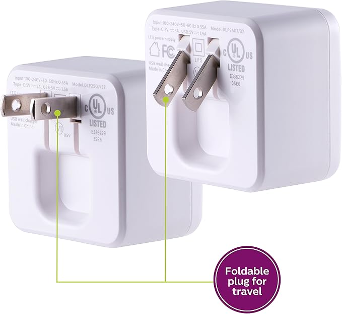 Philips iPhone USB Wall Charger Block, 22.5W Charging Block with USB C and USB A for iPhone 16, 15, 14 Series, iPad, Power Adapter Cube, Foldable Plug Charging Box, White, DLP2507PTS1/27