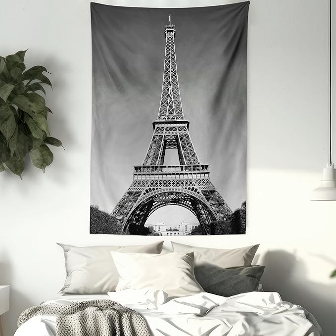 Ambesonne Eiffel Tower Tapestry, Paris Landmark Monochrome Picture of Cityscape European Urban Famous Place Image, Fabric Wall Hanging Decor for Bedroom Living Room Dorm, 23" X 28", Grey