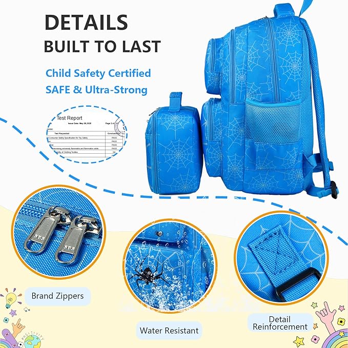 Kids Backpack Boys Spider Backpack with Lunch Box Kindergarten Elementary Middle School Toddler Bookbag for Boys Ages 4-14, Spider-Blue