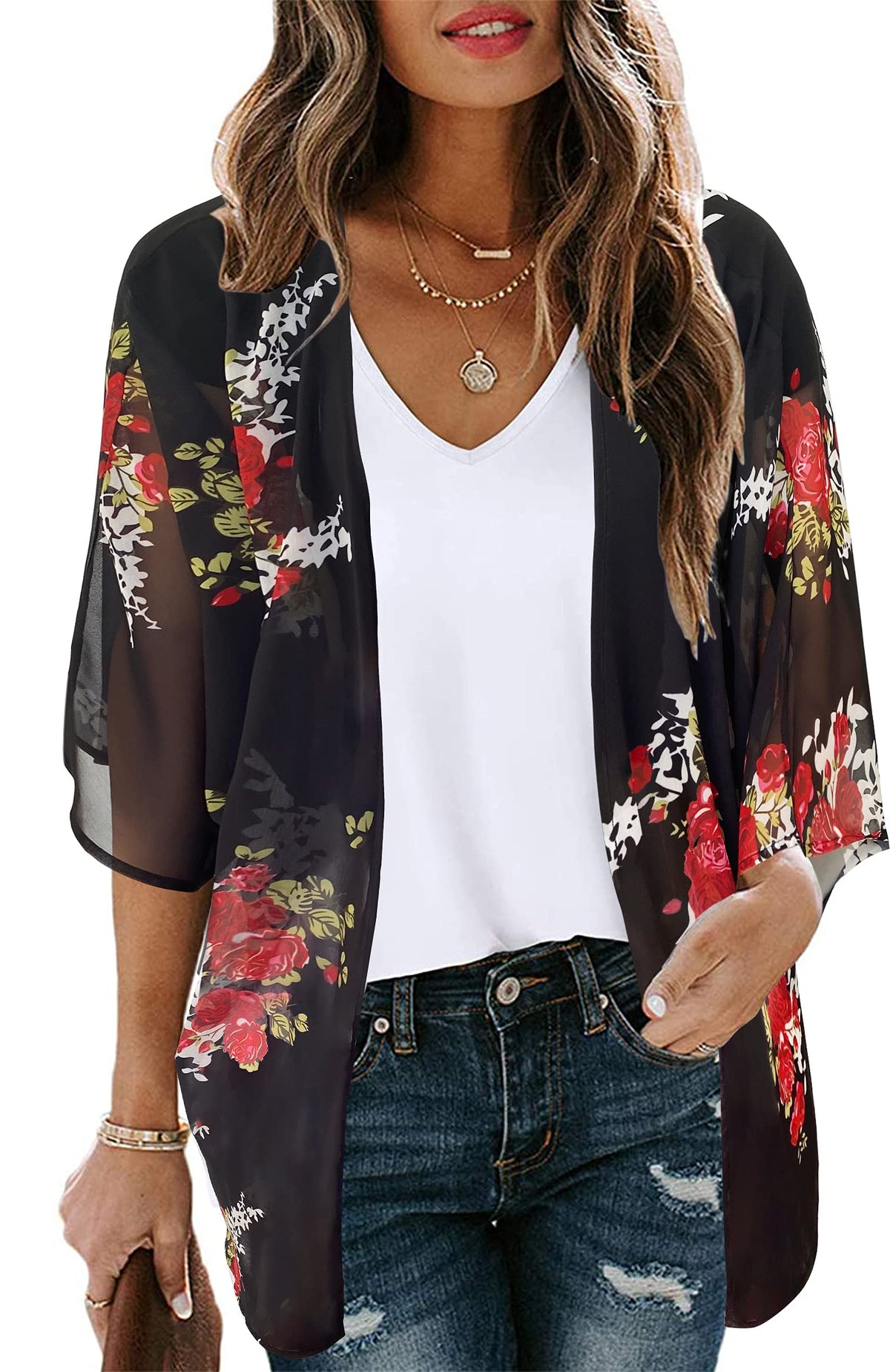 Womens Flowy Kimono Cardigans Leaf Patterns Swimsuit Coverup Beachwear Summer tops（MapleBlack,3XL
