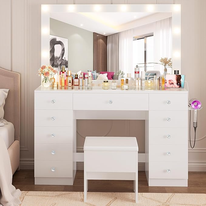 IRONCK 46'' Makeup Vanity Set with LED Mirror & Power Outlet - 11 Drawers, Glass Top, Hair Dryer Rack, Dressing Table with Storage Bench for Bedroom, 3 Lighting Color Adjustable, White