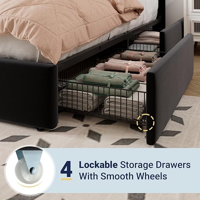 Allewie King Size Storage Bed Frame, Vertical Channel Tufted Adjustable Headboard, Velvet Upholstered Platform Bed with 4 Oversized Underbed Drawers, Wooden Slats Support, No Box Spring Needed, Black