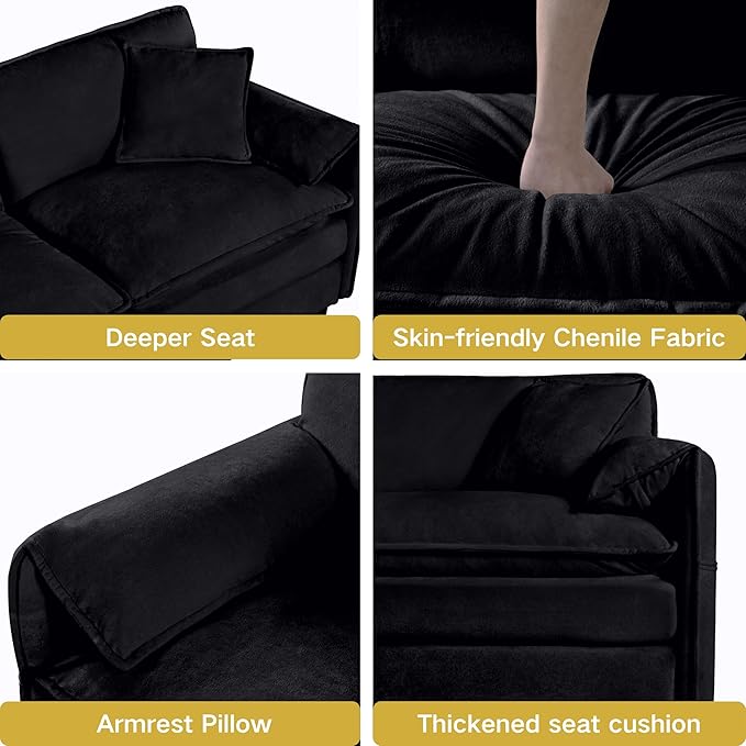 109.45" Oversized Extra Deep Seat Modern Chenille Cloud Couch, Large 3 Seater Modular Sofa for Living Room Bedroom Apartment Office(Black, 109.45 Inch)