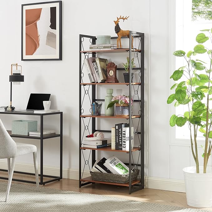 VECELO Folding Bookshelf,5 Tier Bookcase Foldable Easy Assembly, Industrial Book Shelf Storage Organizer with X Metal Frame and Anti-Toppling Design,1 Set