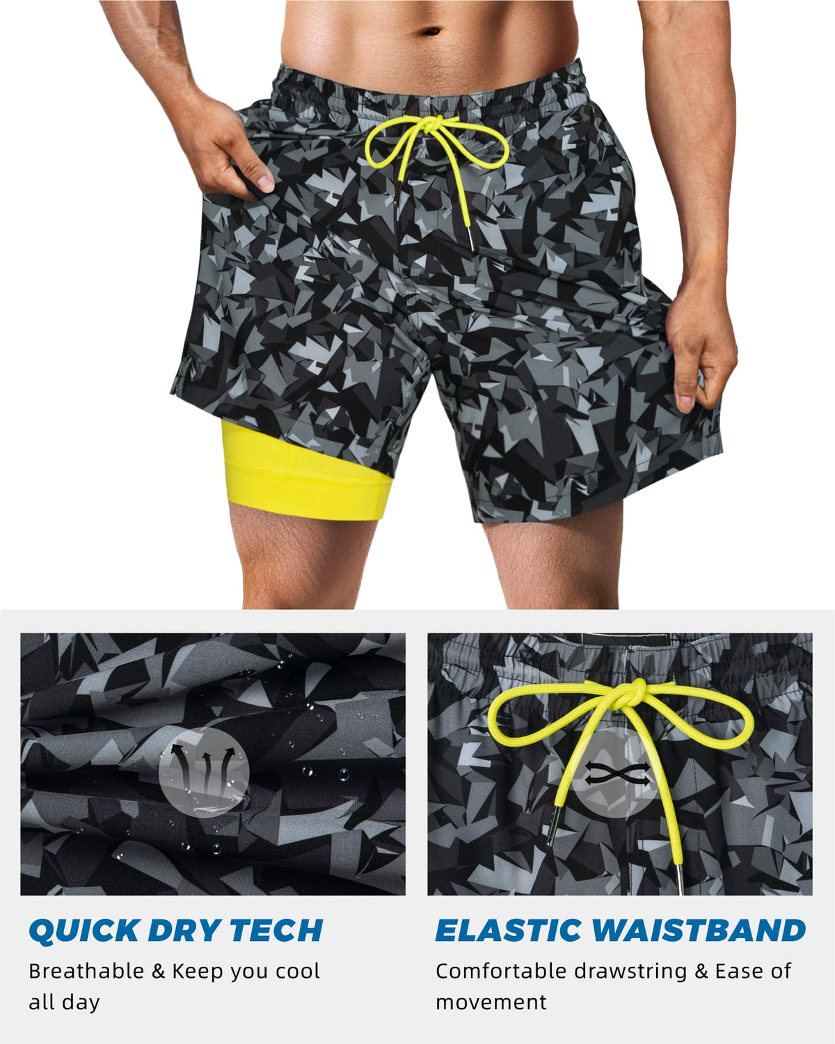 SURF CUZ Mens Swim Trunks with Compression Liner Quick Dry Swim Shorts 7" Swimming Trunks Stretch Zipper Pockets,Black Camouflage,S