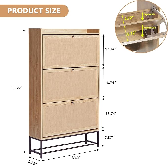 LEVNARY Shoe Storage Cabinet with 3 Flip Drawers, Freestanding Shoe Cabinet Storage Organizer for Entryway, Wooden Narrow Shoe Racks Cabinet with Metal Legs for Hallway (Natural Oak)