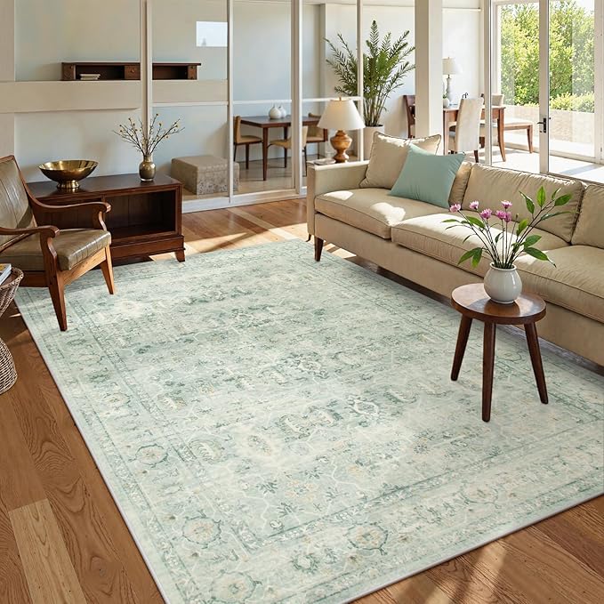 Lahome Vintage 6x9 Washable Green Rugs for Living Room Bedroom, Soft Dining Room Rugs for Under Table, Non Slip Indoor Throw Carpet for Entryway Kitchen Office (6x9ft,Light Green)